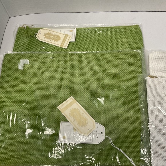 Mud Pie Burlap Jute Green White Craft Make Up Bag Carrying Case Zip Up‎ Set Of 4 - Picture 2 of 4
